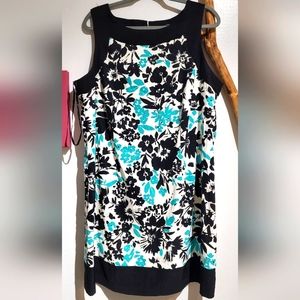 Jessica Howard Black/White/Cyan Blue Floral Midi Dress